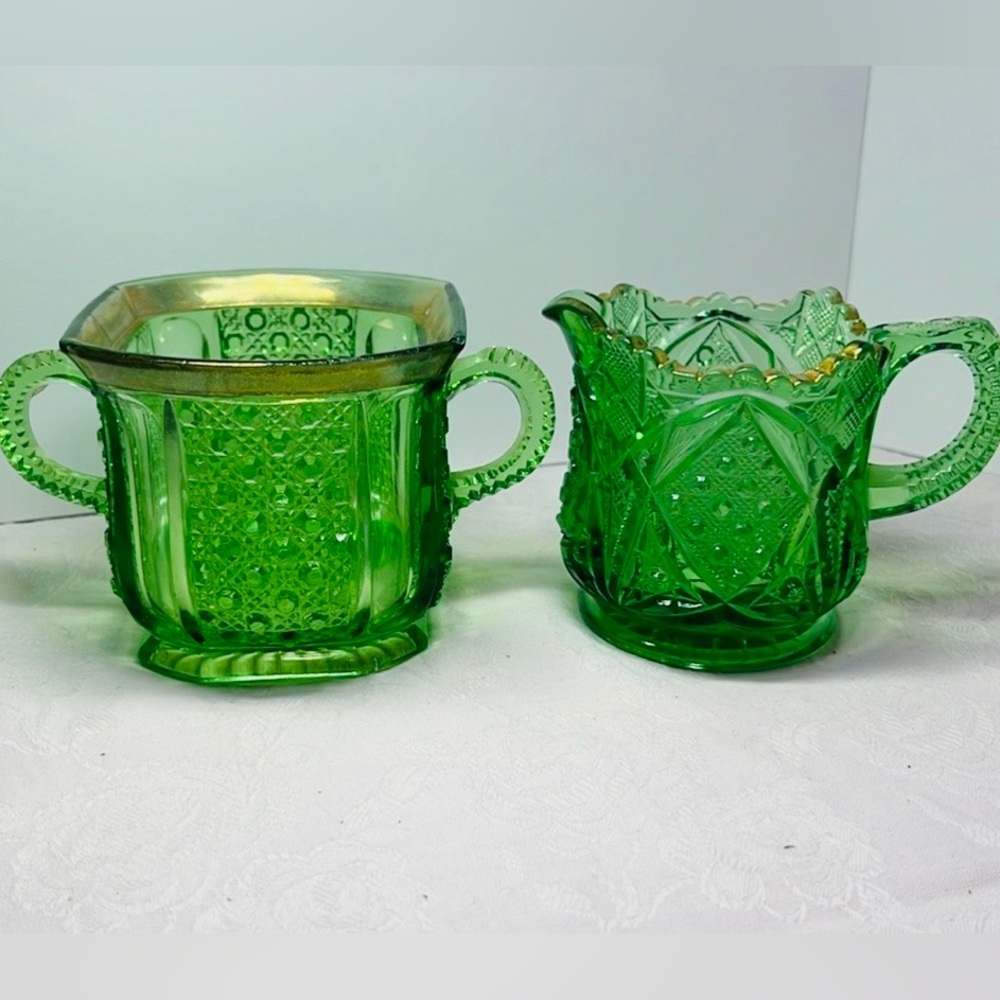 Collectible EAPG Emerald Green Pressed Glass Sugar and Creamer Set